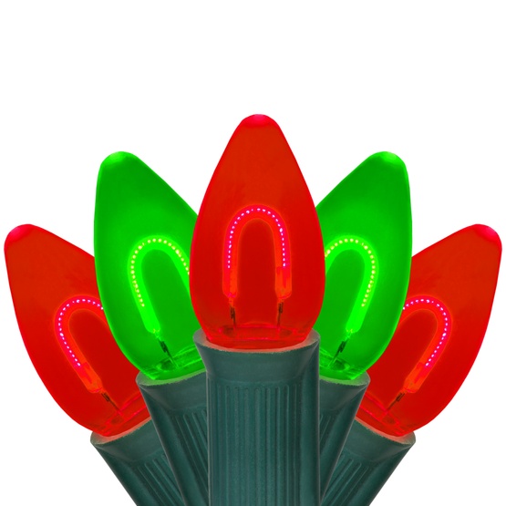 C7 Green / Red FlexFilament Commercial LED Shatterproof Christmas String Lights, 50 Lights, 50'