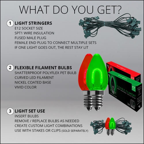 C7 Green / Red FlexFilament Commercial LED Shatterproof Christmas String Lights, 50 Lights, 50'