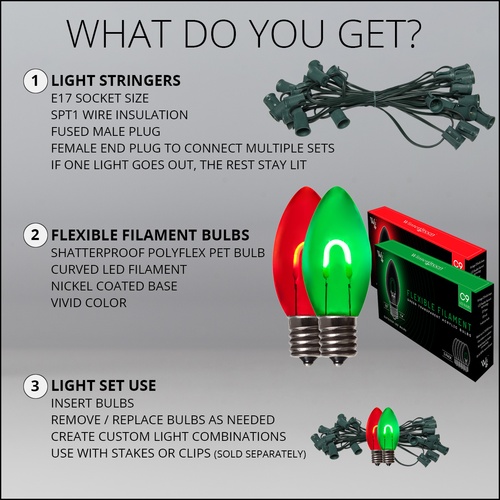 C9 Green / Red FlexFilament Commercial LED Shatterproof Christmas String Lights, 50 Lights, 50'