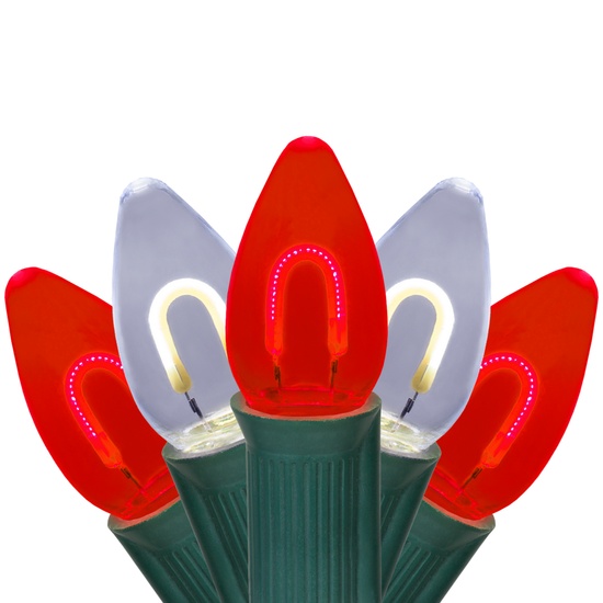 C7 Cool White / Red FlexFilament Commercial LED Shatterproof Christmas String Lights, 50 Lights, 50'