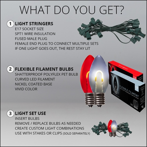 C9 Cool White / Red FlexFilament Commercial LED Shatterproof Christmas String Lights, 50 Lights, 50'