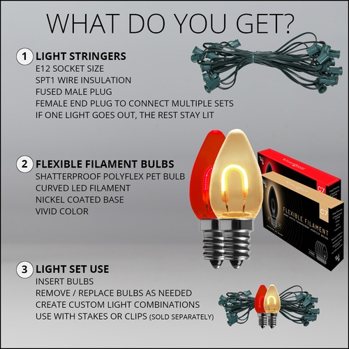 C7 Red / Warm White FlexFilament Commercial LED Shatterproof Christmas String Lights, 50 Lights, 50'