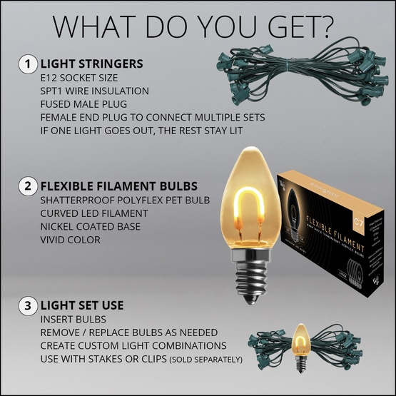 C7 Warm White FlexFilament Commercial LED Shatterproof Christmas String Lights, 15 Lights, 15'