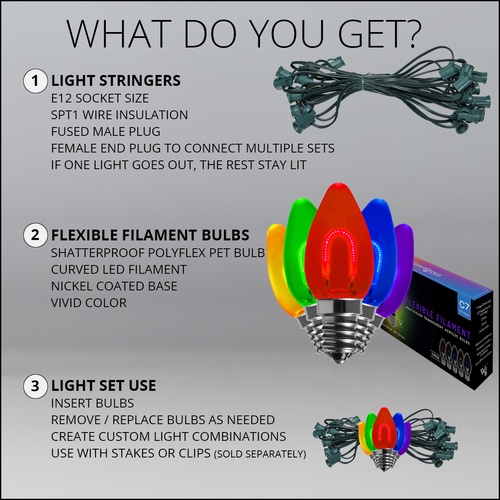 C7 Multicolor FlexFilament Commercial LED Shatterproof Christmas String Lights, 15 Lights, 15'