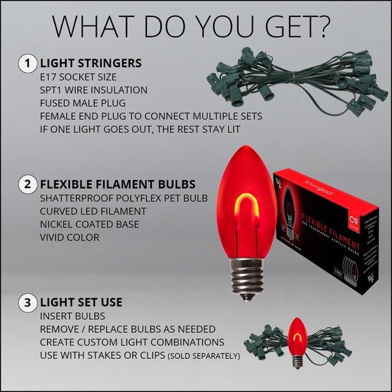 C9 Red FlexFilament Commercial LED Shatterproof Christmas String Lights, 15 Lights, 15'