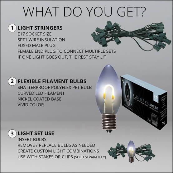 C9 Cool White FlexFilament Commercial LED Shatterproof Christmas String Lights, 15 Lights, 15'