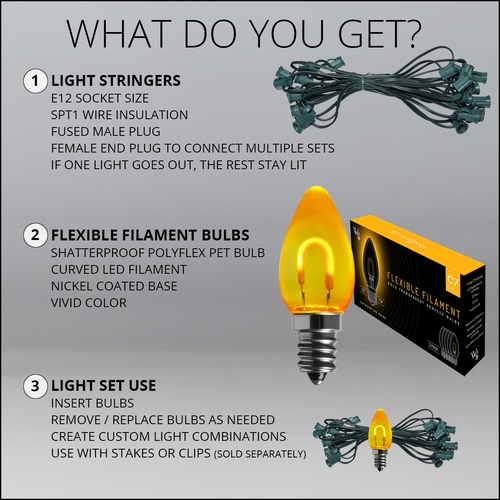 C7 Gold FlexFilament Commercial LED Shatterproof Christmas String Lights, 15 Lights, 15'