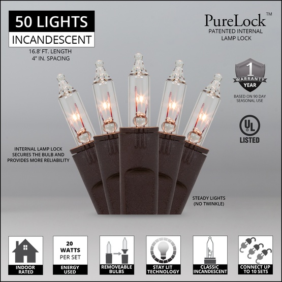 50 PureLock TM Clear Mini Christmas Lights, 4" Spacing, Brown Wire