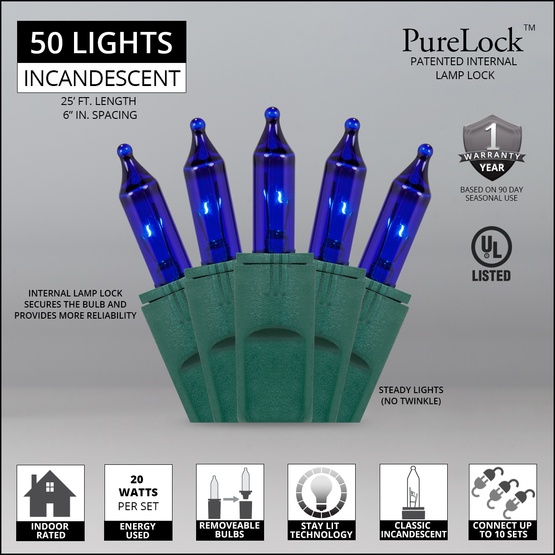 50 PureLock TM Blue Mini Christmas Lights, 6" Spacing, Green Wire