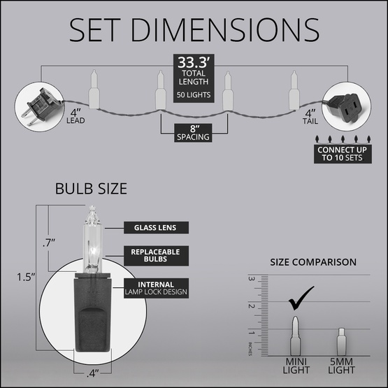 50 PureLock TM Clear Mini Christmas Lights, 8" Spacing, Green Wire