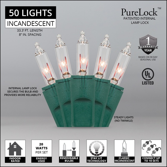 50 PureLock TM Clear Mini Christmas Lights, 8" Spacing, Green Wire