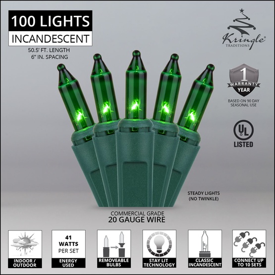 Commercial 100 Green Christmas Mini Lights, 6" Spacing, Green Wire