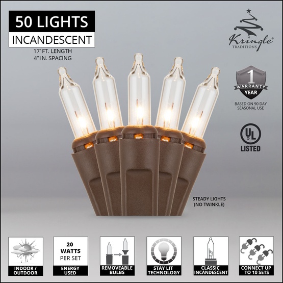 50 Clear Christmas Tree Mini Lights, 4" Spacing, Brown Wire