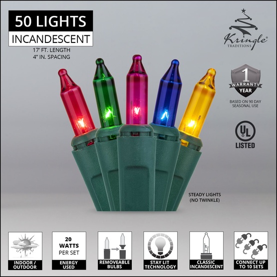 50 Multi Color Christmas Tree Mini Lights, 4" Spacing, Green Wire