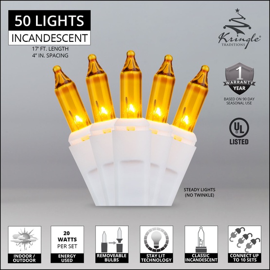 50 Gold Christmas Tree Mini Lights, 4" Spacing, White Wire