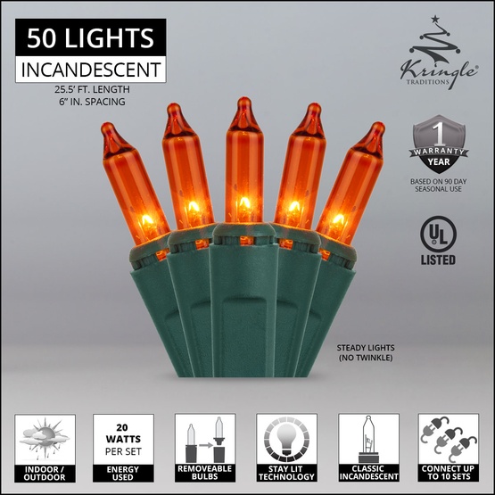50 Amber / Orange Lights, 6" Spacing, Green Wire