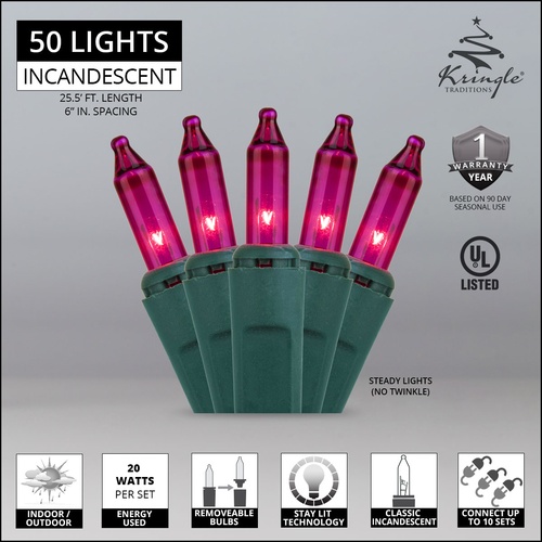 Christmas Lights 50 Pink Christmas Tree Mini Lights, 6" Spacing