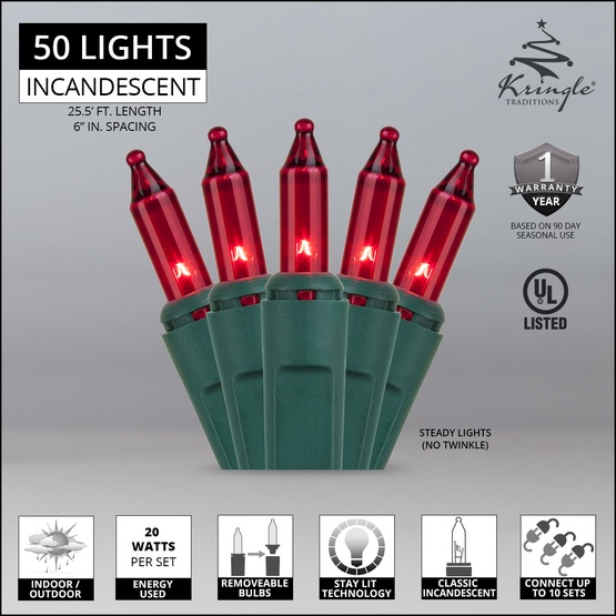50 Red Christmas Tree Mini Lights, 6" Spacing, Green Wire