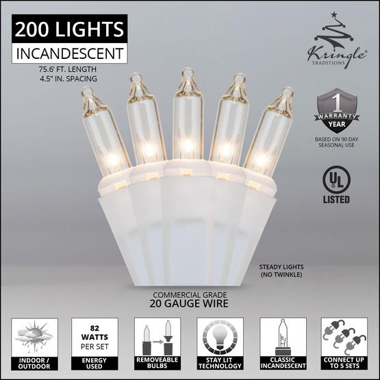 Commercial 200 Clear Christmas Mini Lights, 4.5" Spacing, White Wire