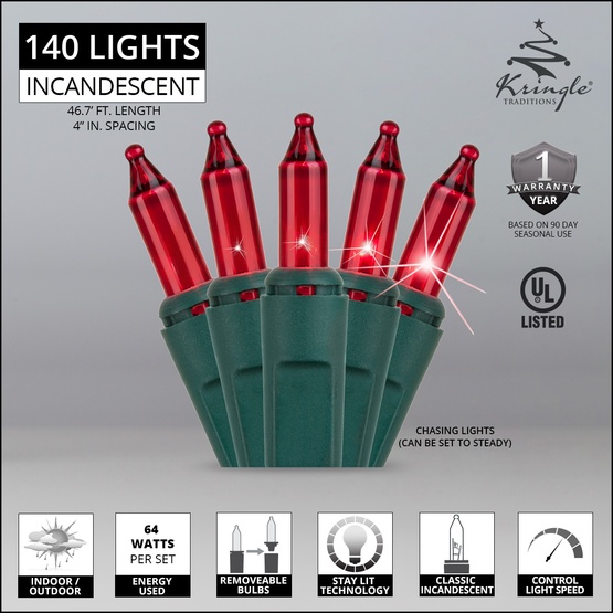140 Red Chasing Mini Lights, 4" Spacing, Green Wire