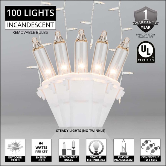 Commercial - 150 Clear Icicle Lights - White Wire