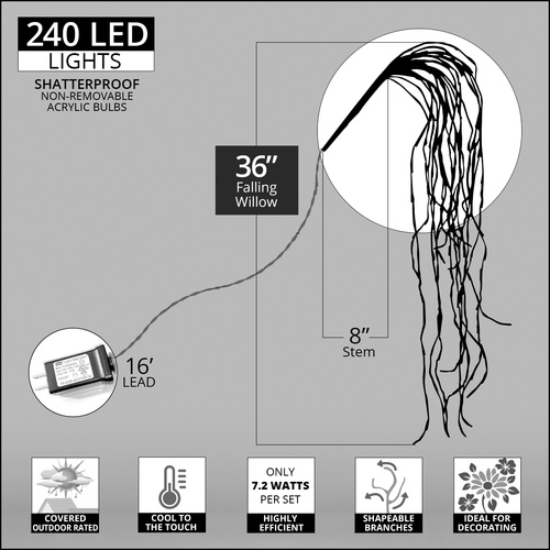 36" Silver Falling Willow Lighted Branches, Cool White LED Twinkle Lights, 1 pc