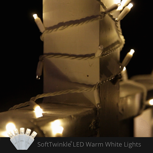 50 5mm Warm White SoftTwinkle LED Christmas Lights, 4" Spacing, White Wire