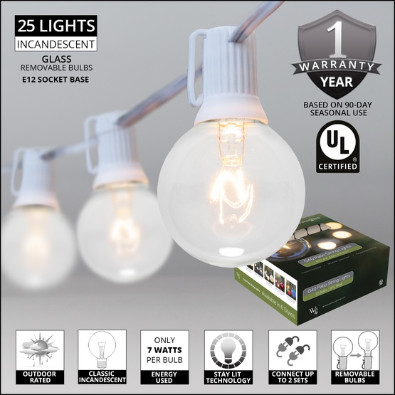 25 G40 Clear Patio String Lights on White Wire