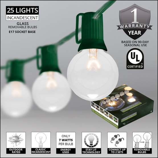 25 G50 Clear Patio String Lights on Green Wire