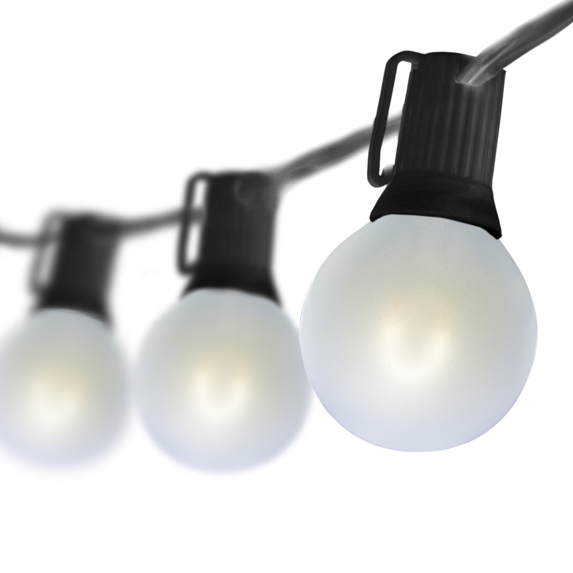 Patio Lights - Cool White Satin LED Lights, 10 G50 E12 Bulbs Black Wire, image size:2000x2000