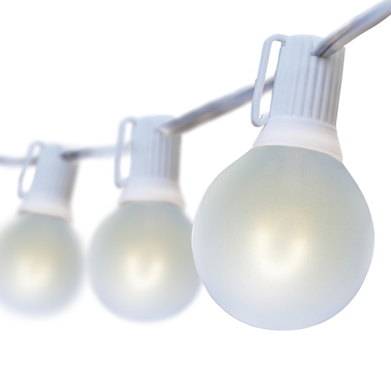10' G50 Cool White FlexFilament TM LED Satin Globe String Lights, E17 Base, White Wire
