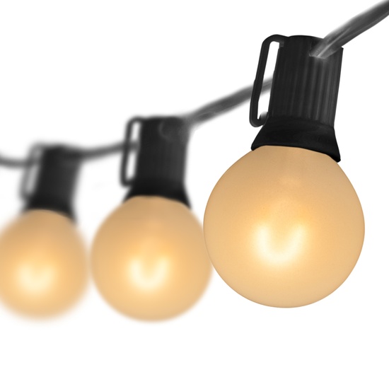 10' G50 Warm White FlexFilament TM LED Satin Globe String Lights, E12 Base, Black Wire