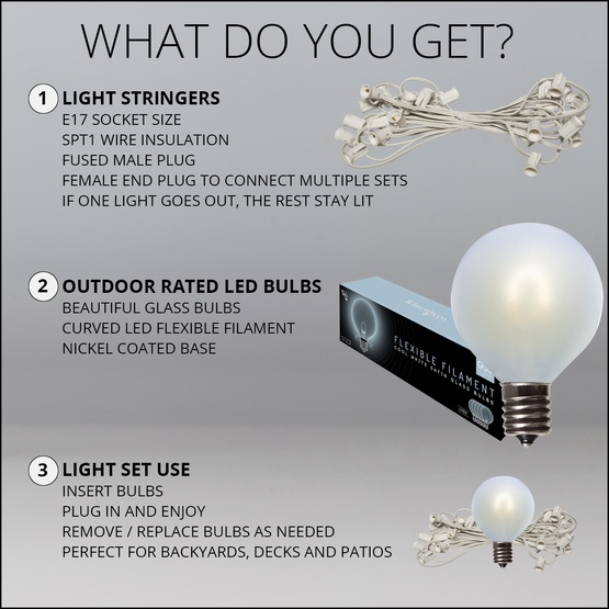 10' G50 Cool White FlexFilament TM LED Satin Globe String Lights, E17 Base, White Wire