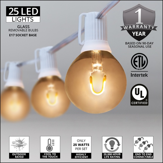 25' G50 Warm White FlexFilament TM LED Globe String Lights, E17 Base, White Wire