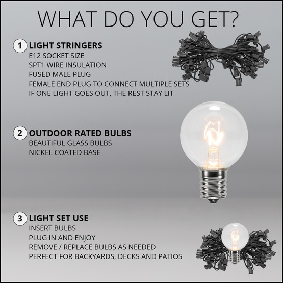 15' G40 Clear Patio String Lights, Black Wire