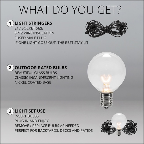 Patio Lights Commercial Clear Globe String Lights, G50 Bulbs on Black