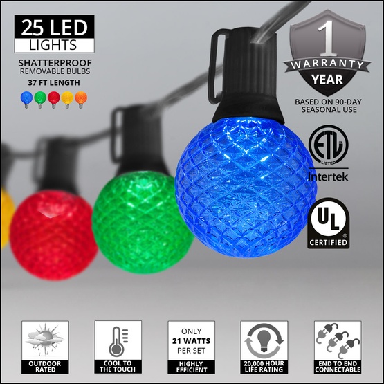 25' G50 Multicolor OptiCore LED Outdoor Party Lights, E12 Base, Black Wire