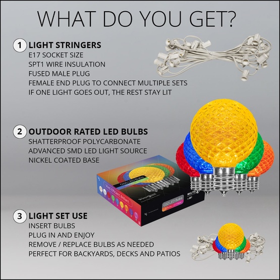 25' G50 Multicolor OptiCore LED Outdoor Party Lights, E17 Base, White Wire