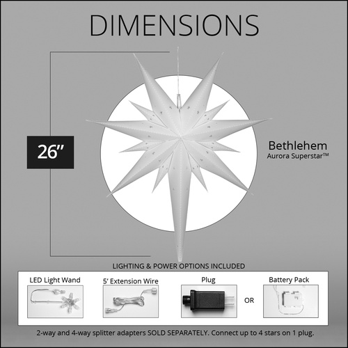 26" LED Aurora Superstar TM Fold-Flat White Bethlehem Star Light, Outdoor Rated 