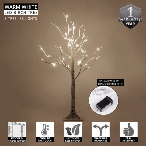 3' Warm White LED Birch Tree 