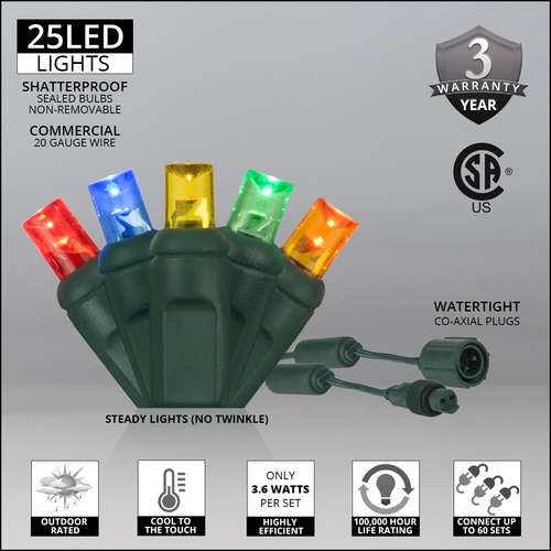 Wide Angle 5MM LED Lights Commercial 25 5mm Multi Color LED Christmas Lights, 4" Spacing